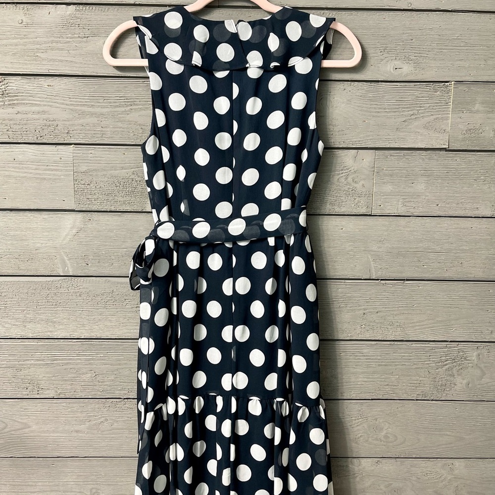 SALONI Flowy Sleeveless Navy Ruffle Wrap Dress with White Polkadots Sz 4 Summer - Picture 9 of 15